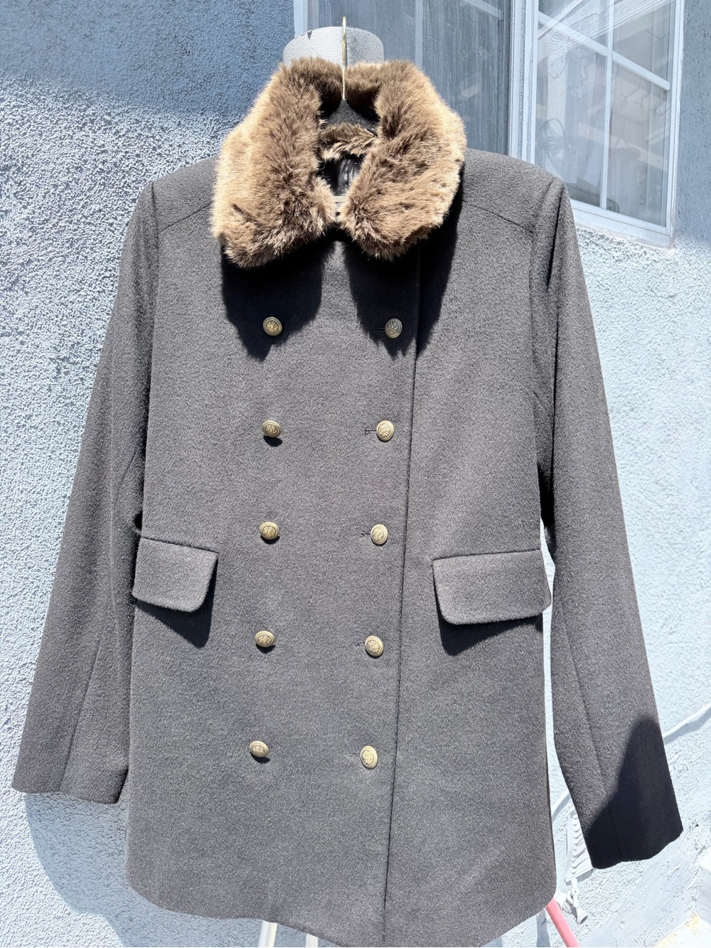 Capulet Black Double-Breasted Pea Coat with detachable Faux Fur Collar